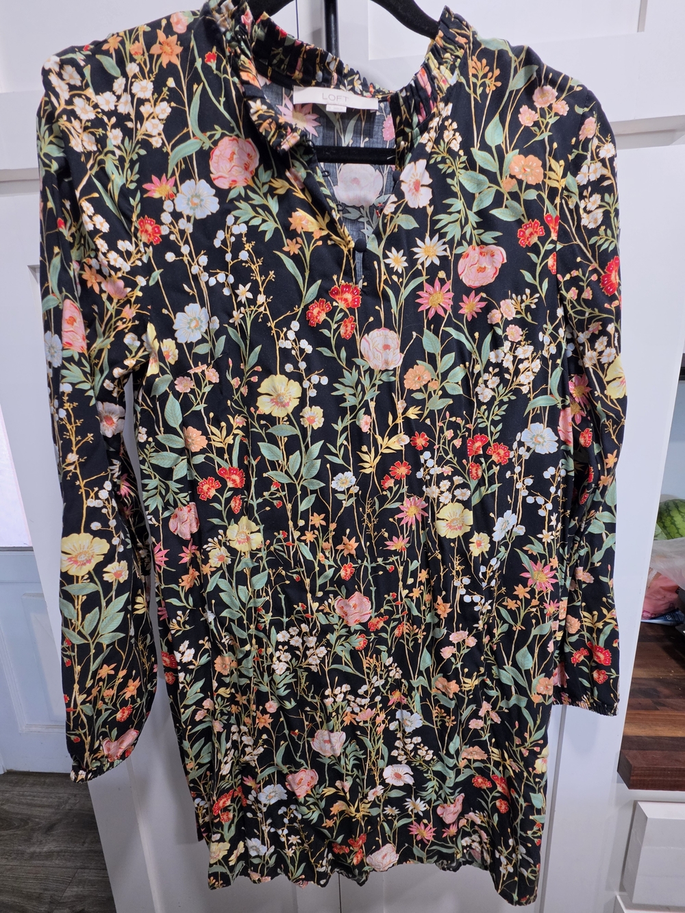 LOFT Black Floral Button-Front Long Sleeve Dress